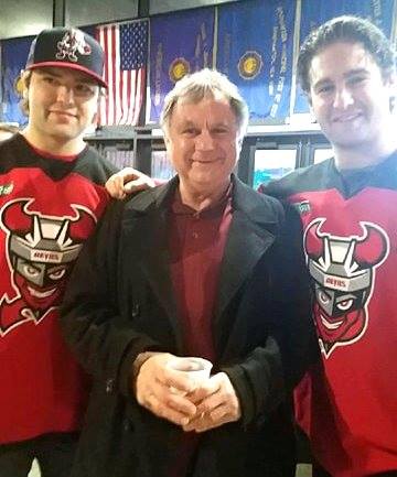 Dave Brewer with Binghamton Devils' Kevin Rooney